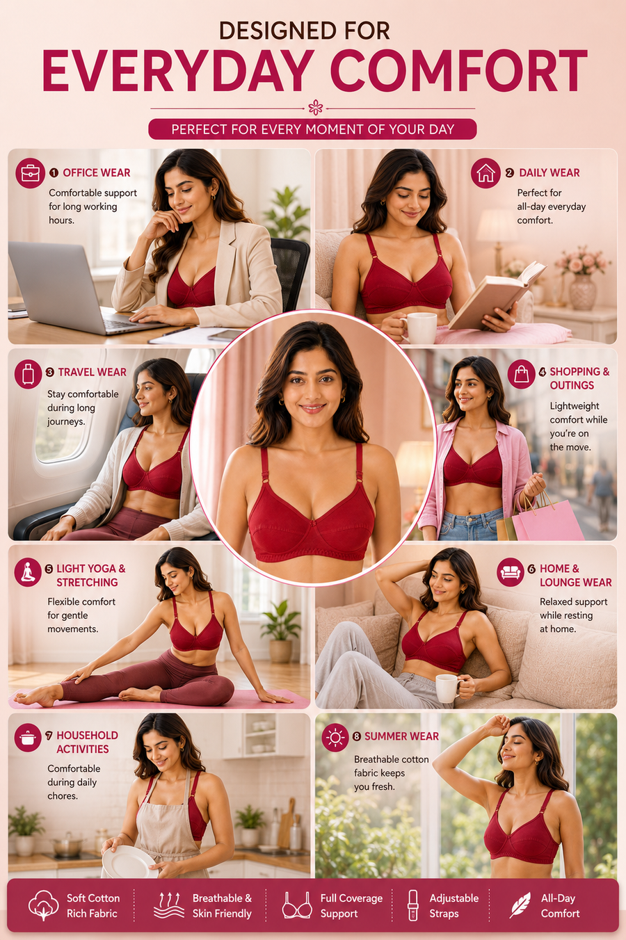 Sona C-108 Women Cotton Fabric Full coverage Non padded Non wired Maroon Cotton Bra