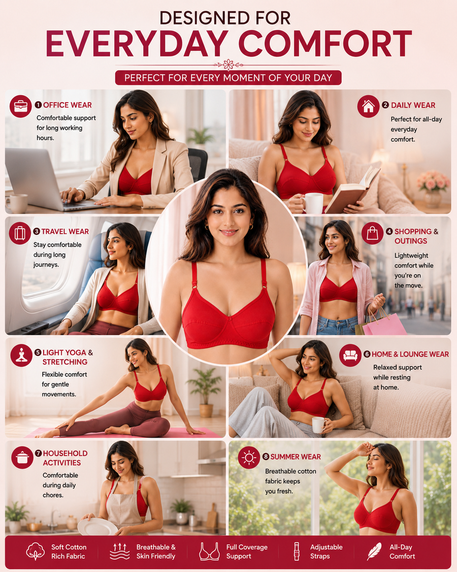 Sona C-108 Women Cotton Fabric Full coverage Non padded Non wired Red Cotton Bra