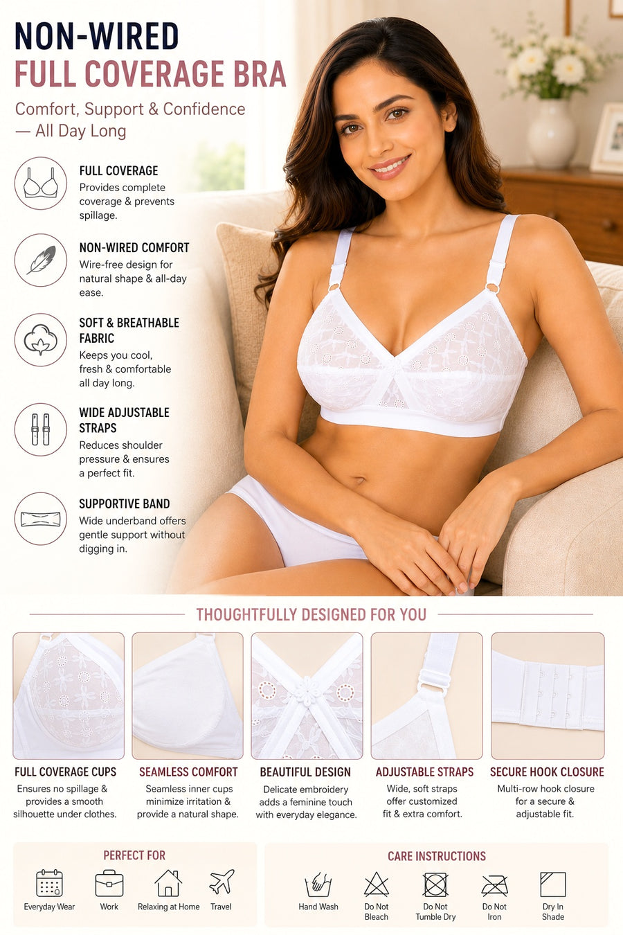 Sona Cross Chiken White Everyday Plus Size Full Coverage Non padded Cotton Bra
