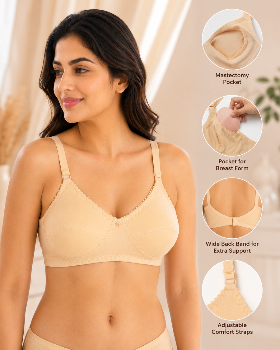 Sona Full Coverage Non-Padded Non-Wired Cotton Breast Cancer Bra, Mastectomy Pocket Bra