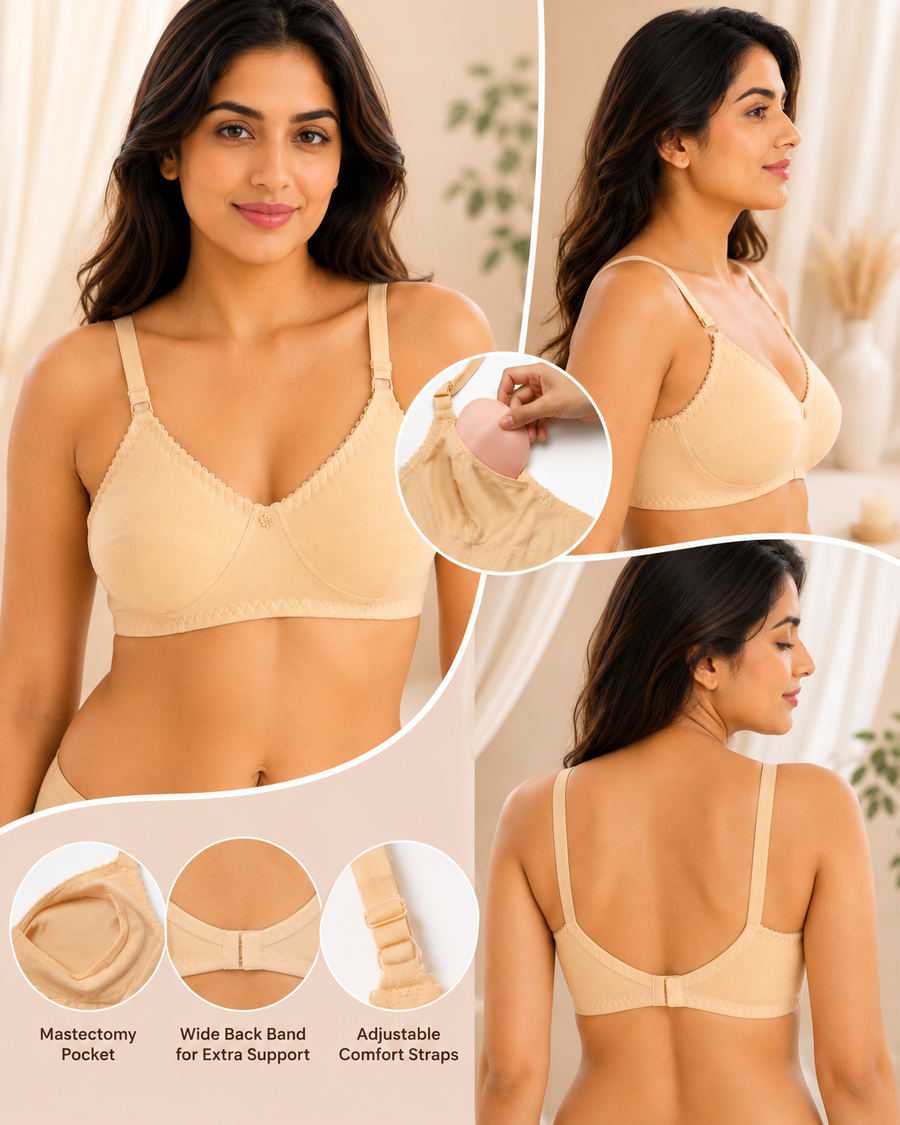 Sona Full Coverage Non-Padded Non-Wired Cotton Breast Cancer Bra, Mastectomy Pocket Bra