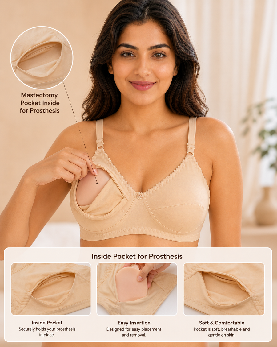 Sona Full Coverage Non-Padded Non-Wired Cotton Breast Cancer Bra, Mastectomy Pocket Bra