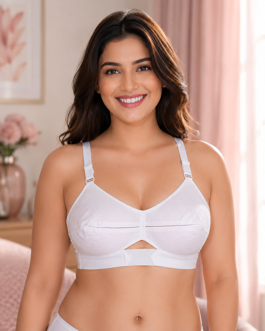 Sona Moving Elastic Strap Full Cup Plus Size Non padded White Cotton Bra