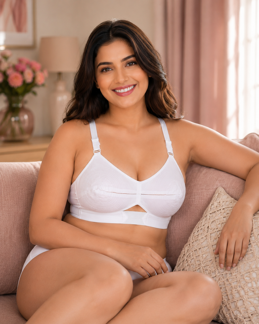 Sona Moving Elastic Strap Full Cup Plus Size Non padded White Cotton Bra