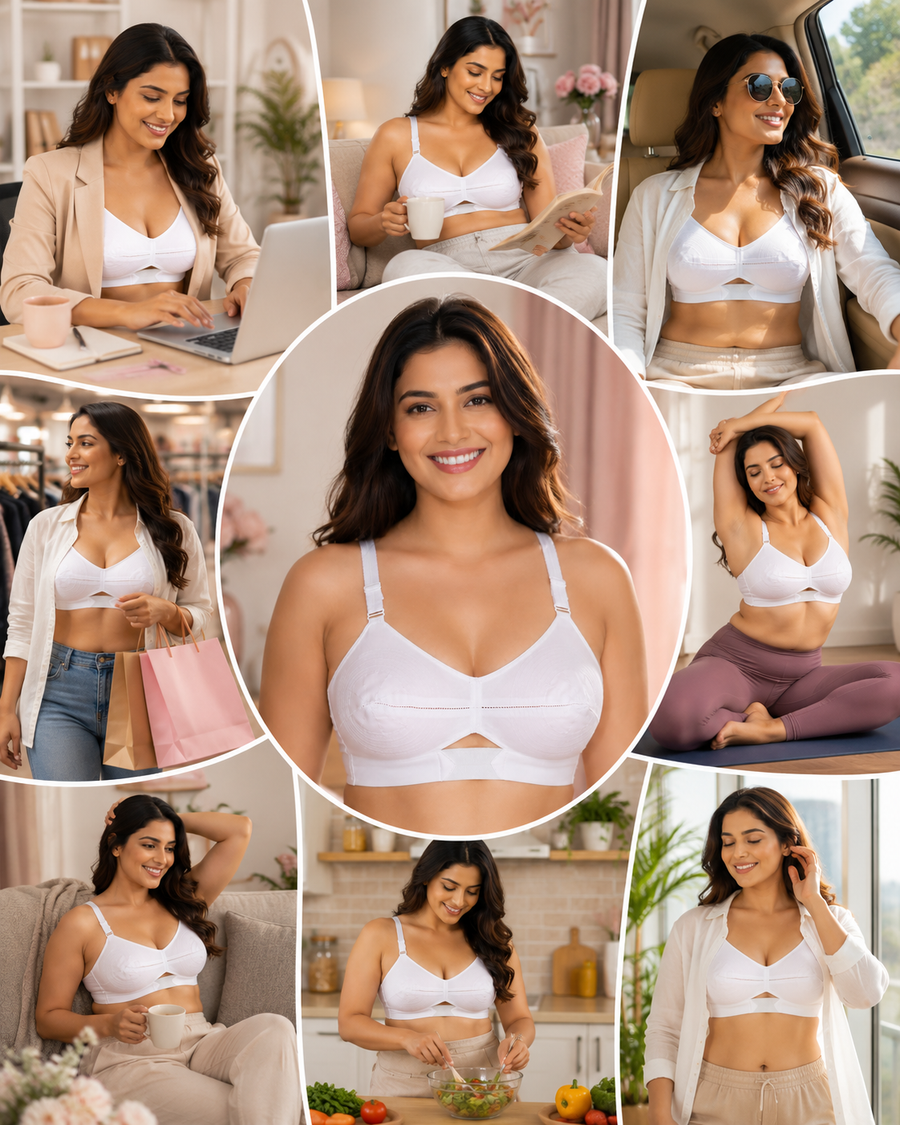 Sona Moving Elastic Strap Full Cup Plus Size Non padded White Cotton Bra