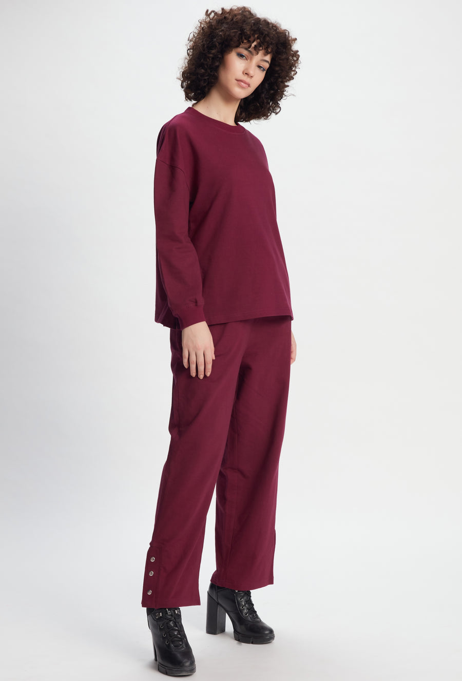 SONA AMPK Women's Pajama Set Long Sleeve Sweatshirt and Jogger Pants Sleepwear Set Wine