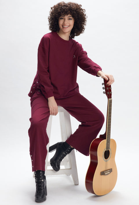 SONA AMPK Women's Pajama Set Long Sleeve Sweatshirt and Jogger Pants Sleepwear Set Wine