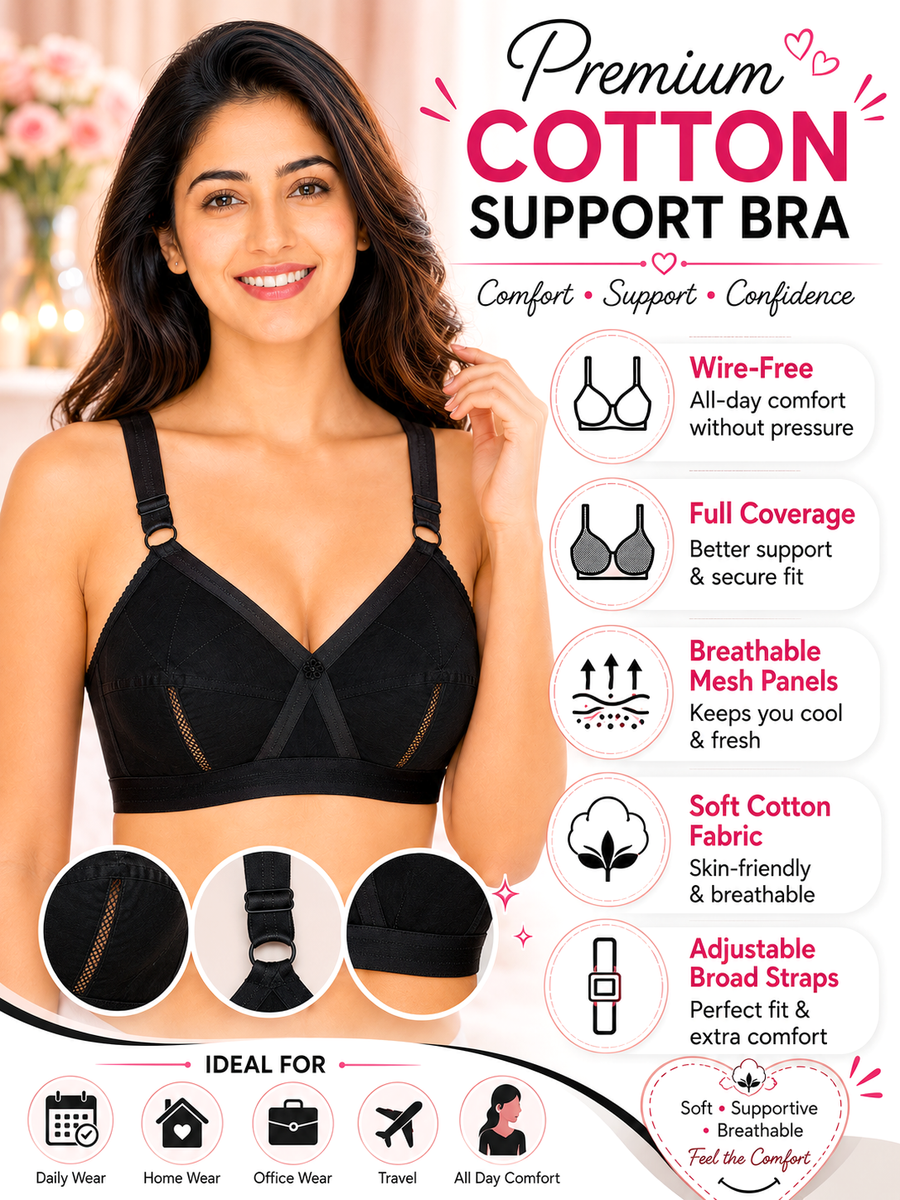Sona Perfecto Plus Size Black Color Full Cup Everyday Full Coverage Cotton Bra