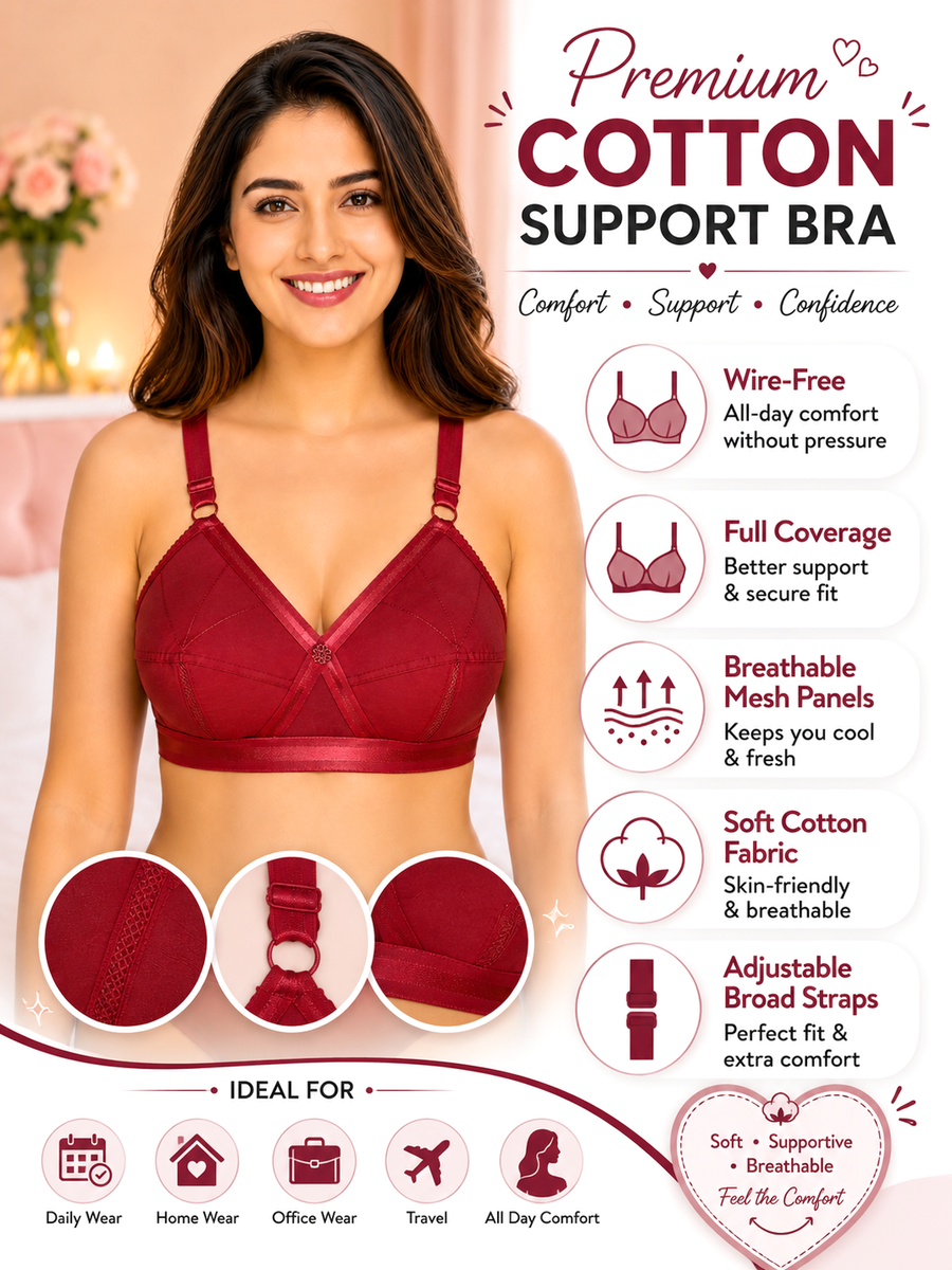 Perfecto Plus Size Maroon Color Full Cup Everyday Full Coverage Cotton Bra