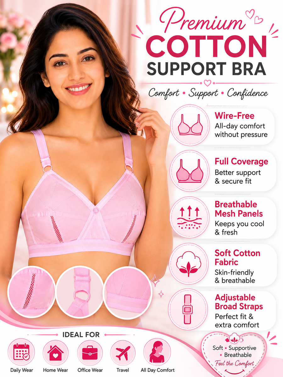 Sona Perfecto Plus Size Pink Color Full Cup Everyday Full Coverage Non Padded Cotton Bra
