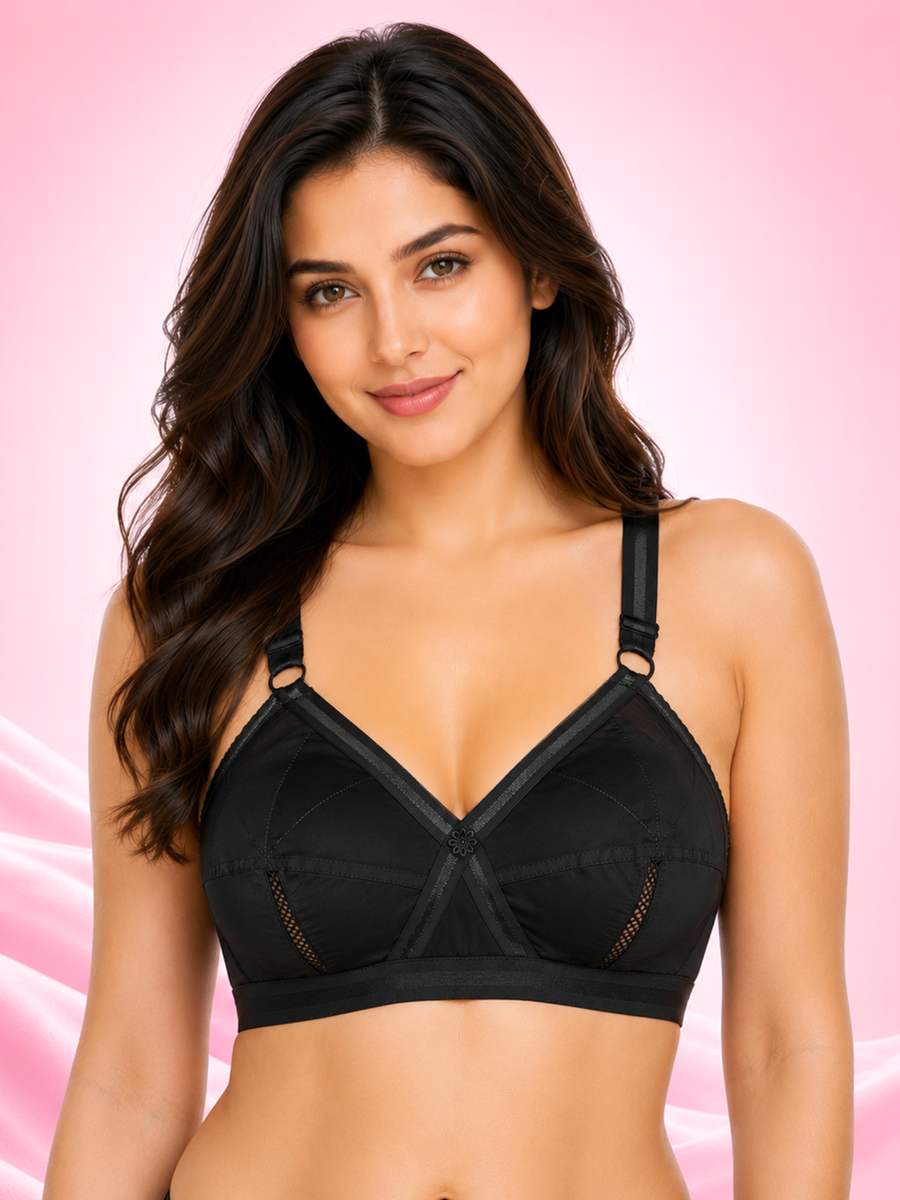 Sona Perfecto Black Color Full Cup Non Padded Everyday Plus Size Cotton Bra