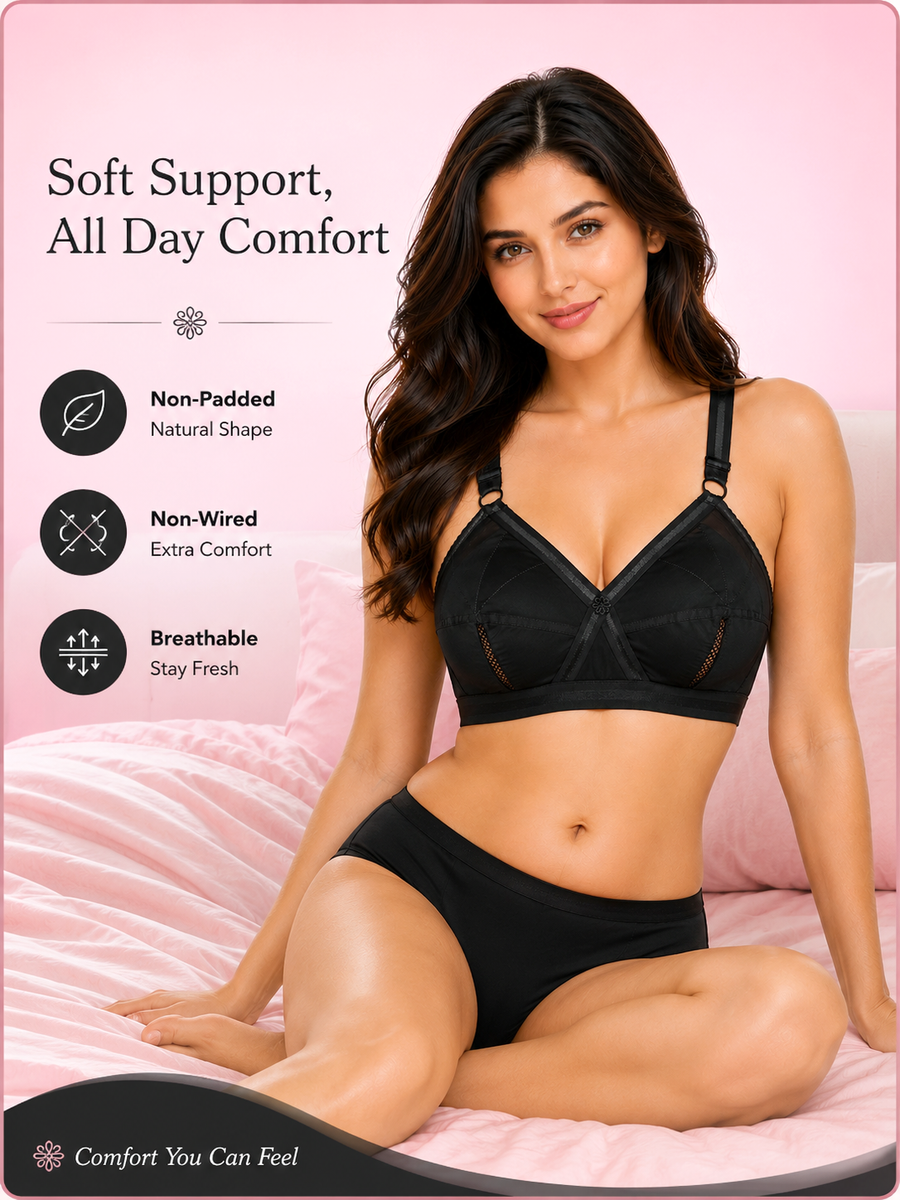 Sona Perfecto Black Color Full Cup Non Padded Everyday Plus Size Cotton Bra