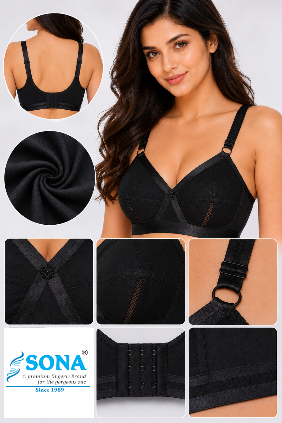 Sona Perfecto Black Color Full Cup Non Padded Everyday Plus Size Cotton Bra
