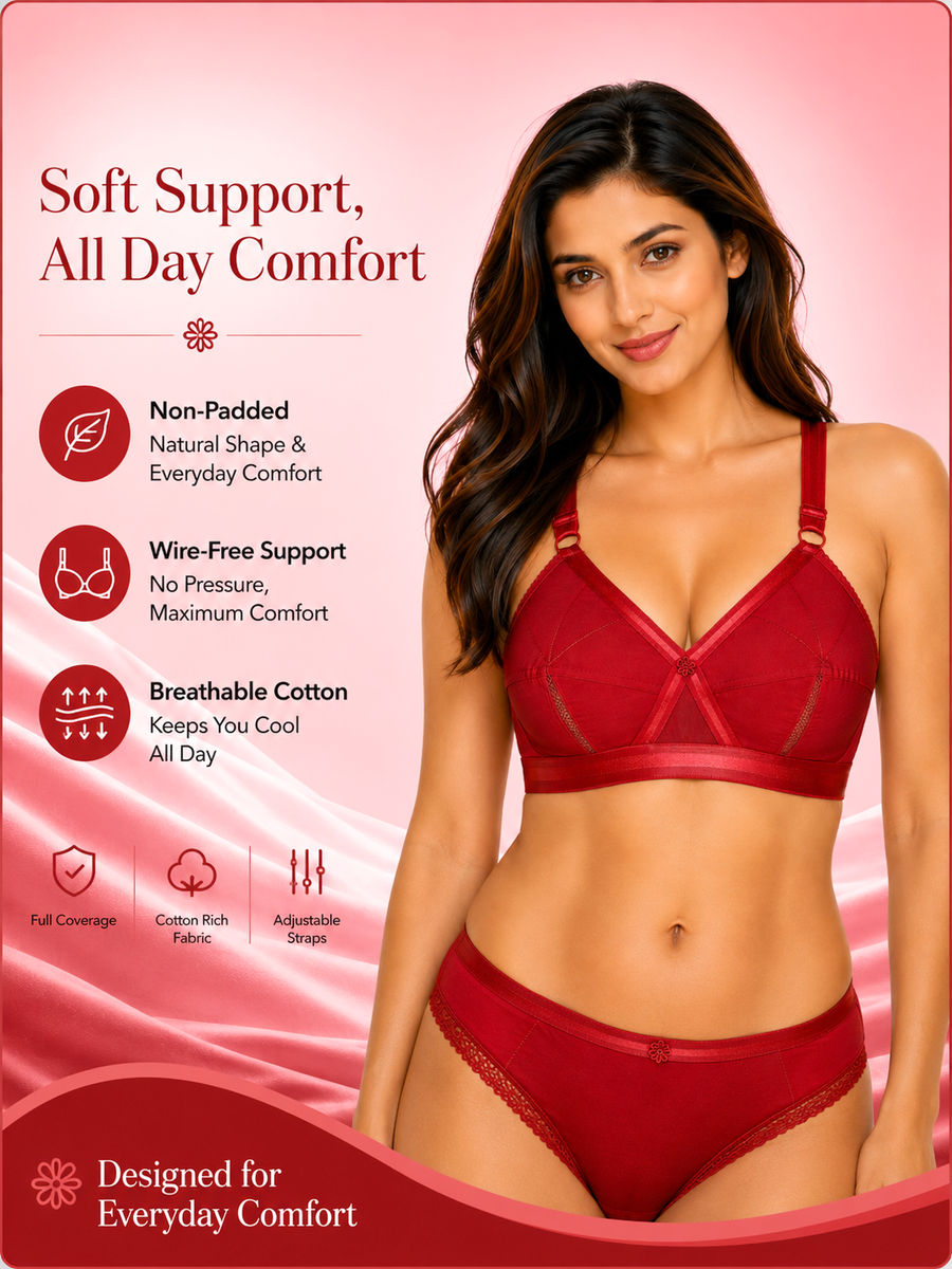 Sona Perfecto Maroon Color Full Cup Everyday Non Padded Plus Size Cotton Bra