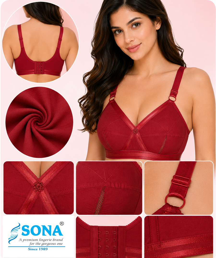 Sona Perfecto Maroon Color Full Cup Everyday Non Padded Plus Size Cotton Bra