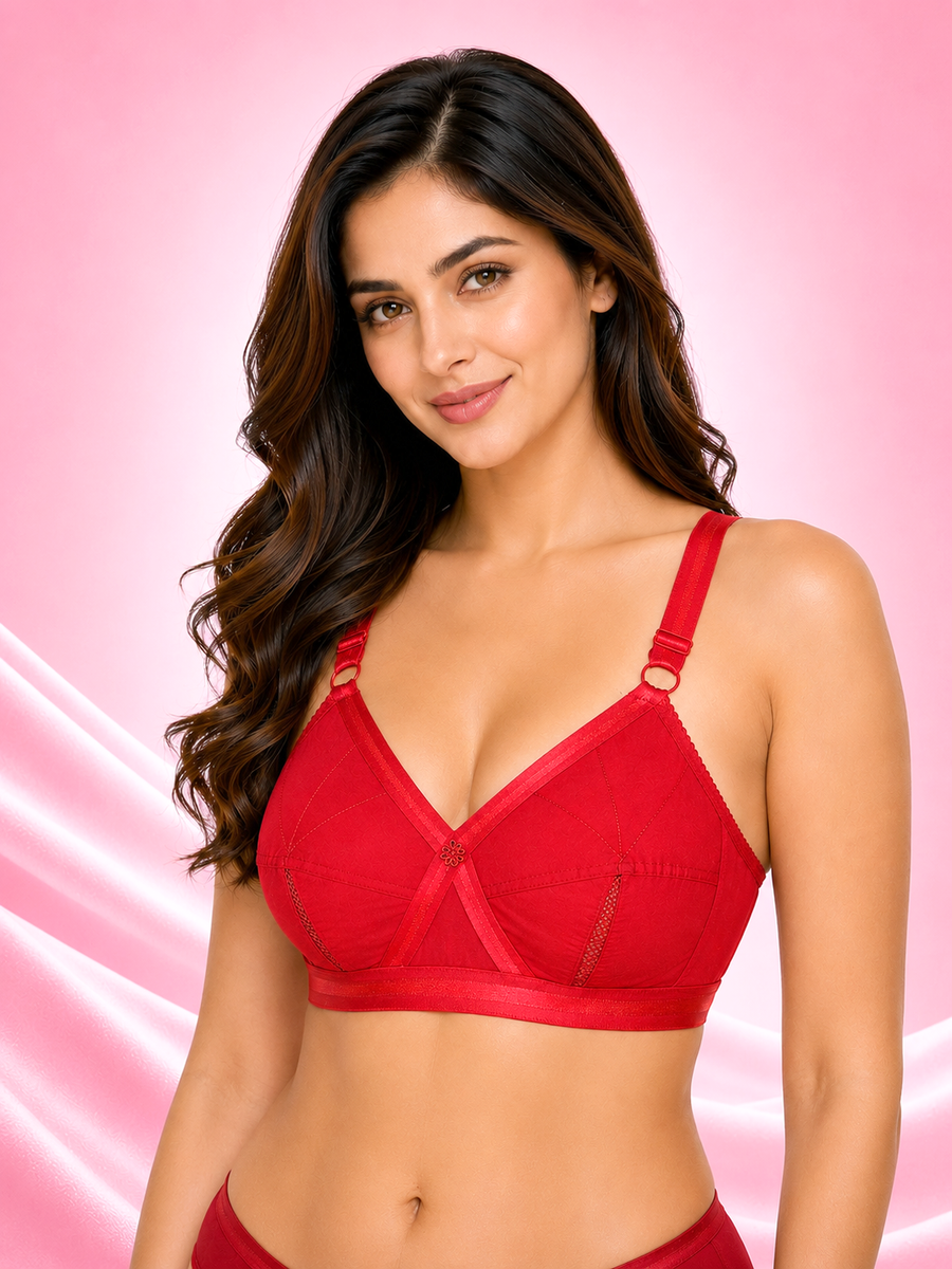 Sona Perfecto Red Color Full Cup Everyday Plus Size Full Figure Cotton Bra