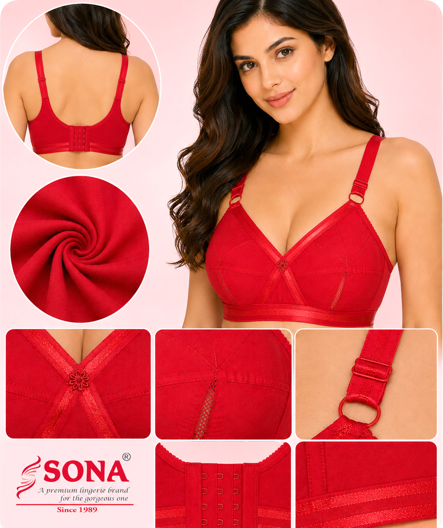 Sona Perfecto Red Color Full Cup Everyday Plus Size Full Figure Cotton Bra
