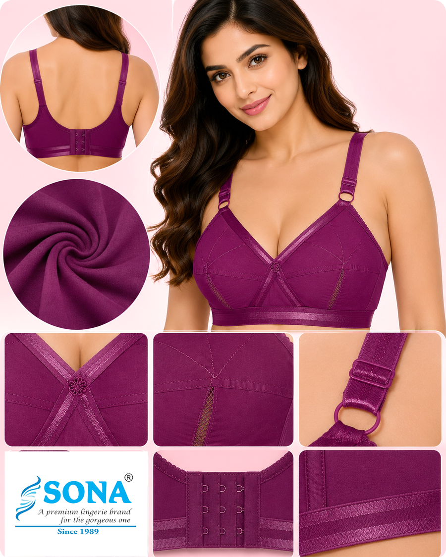 Sona Perfecto Wine Color Full Cup Everyday Non Padded Plus Size Cotton Bra