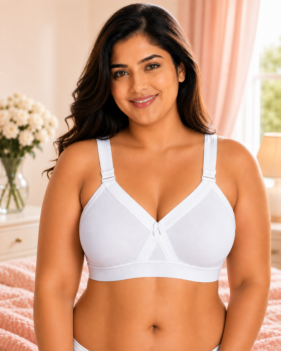 Women's Super Fit White Full Coverage Everyday Plus Size T-Shirt Non Padded Seamless Bra Free Transparent Strap