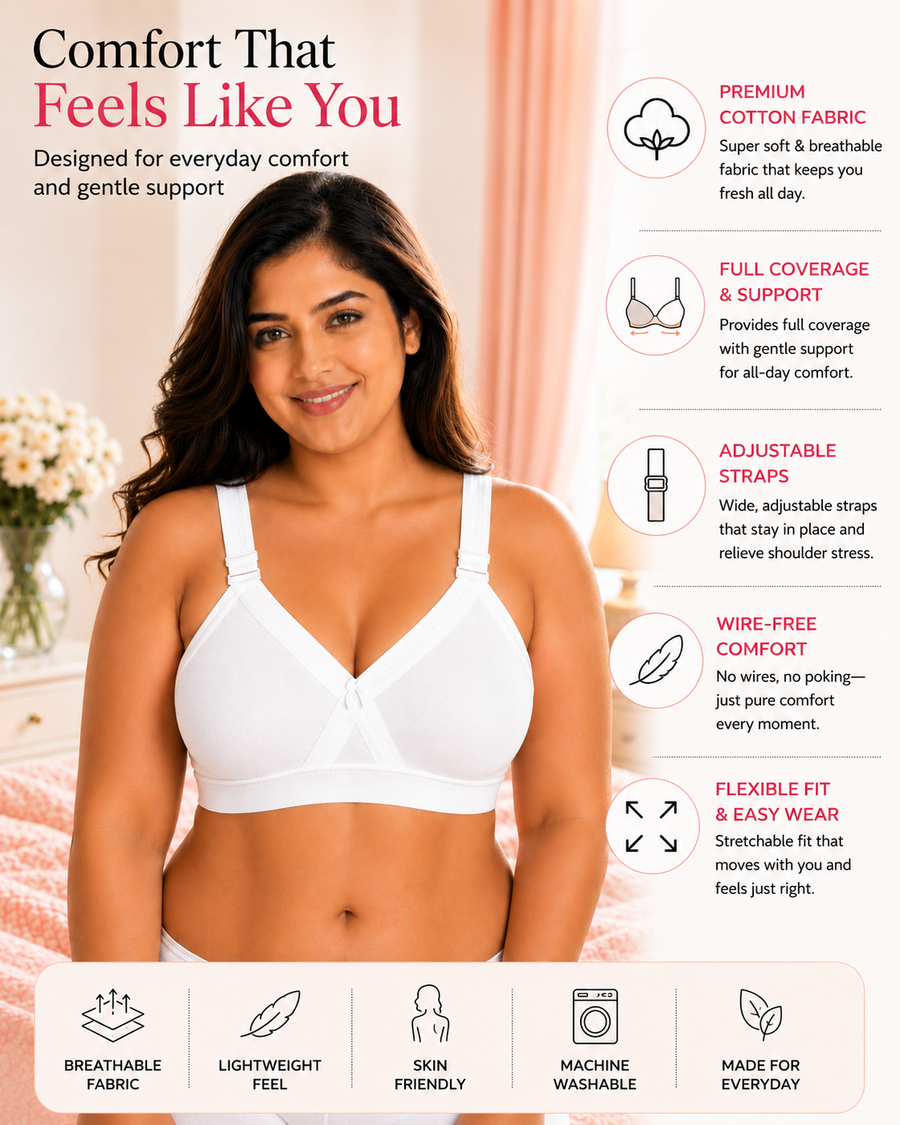 Women's Super Fit White Full Coverage Everyday Plus Size T-Shirt Non Padded Seamless Bra Free Transparent Strap