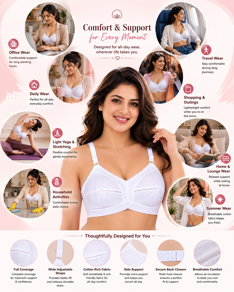 Sona Ultimate Women Elastic Strap Full Coverage Non padded Pure Cotton Bra