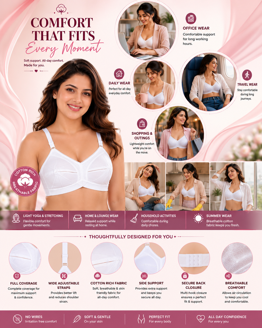 Sona Ultimate Women Elastic Strap Full Coverage Non padded Pure Cotton Bra