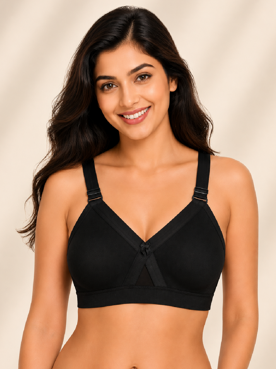 Women's Super Fit Black Full Coverage Everyday Plus Size T-Shirt Non Padded Seamless Bra Free Transparent Strap