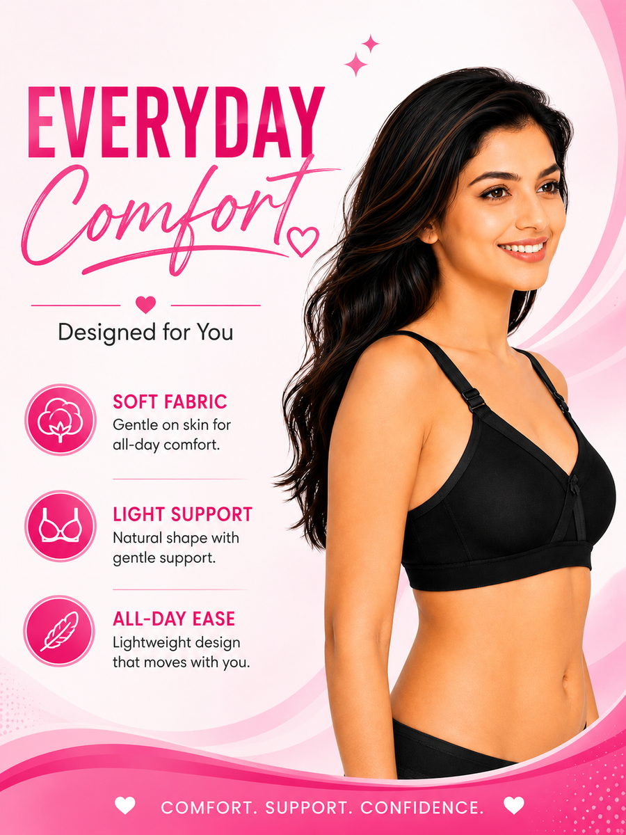 Women's Super Fit Black Full Coverage Everyday Plus Size T-Shirt Non Padded Seamless Bra Free Transparent Strap