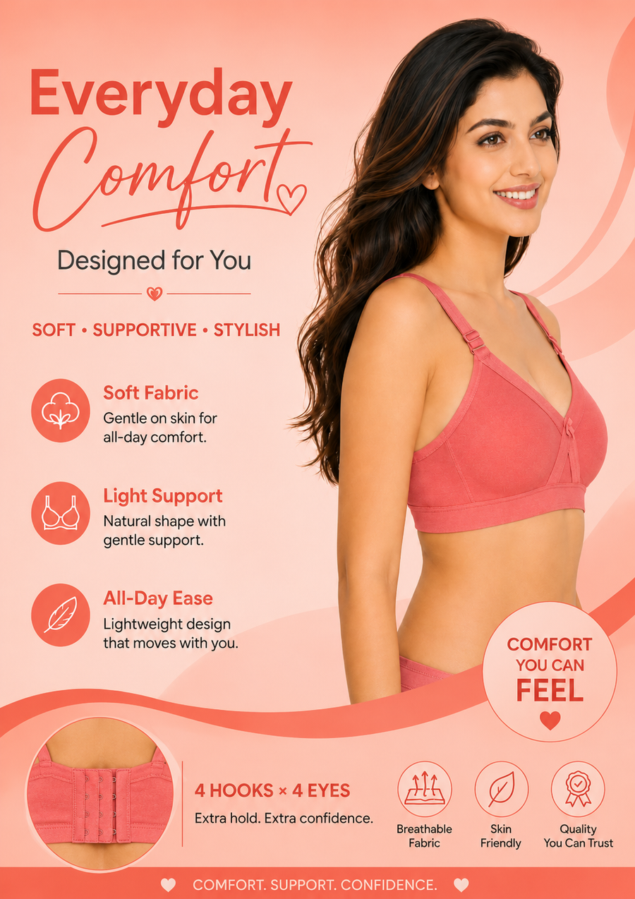 Women's Super Fit coral Full Coverage Everyday Plus Size T-Shirt Non Padded Seamless Bra Free Transparent Strap