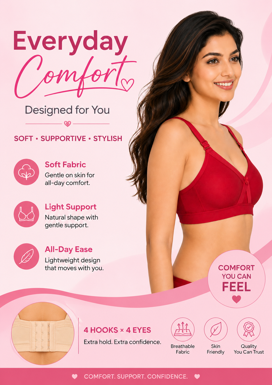 Women's Super Fit maroon Full Coverage Everyday Plus Size T-Shirt Non Padded Seamless Bra Free Transparent Strap