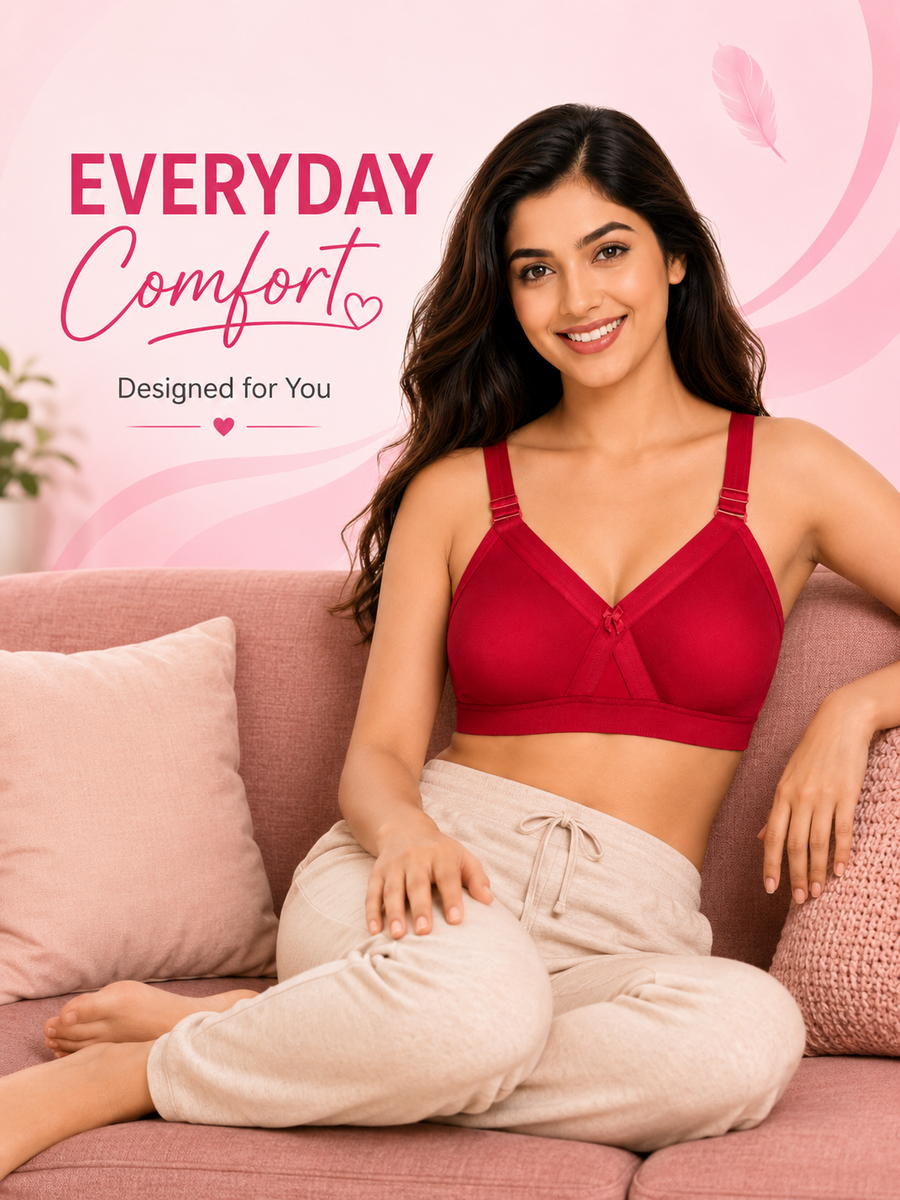 Women's Super Fit maroon Full Coverage Everyday Plus Size T-Shirt Non Padded Seamless Bra Free Transparent Strap