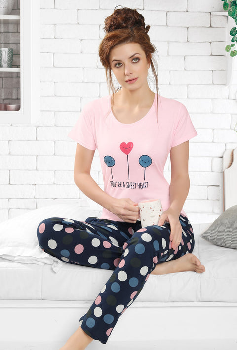 Gudnini Trendy Sweet Heart Ballon Printed T-Shirt Pyjama Set - Baby Pink