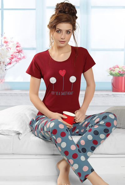Gudnini Trendy Sweet Heart Ballon Printed T-Shirt Pyjama Set - Carnbery