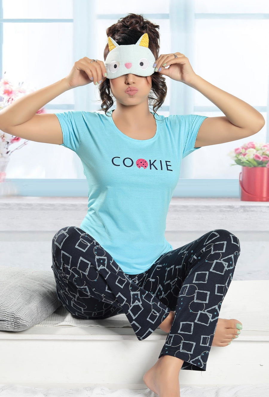 Gudnini Color Me Happy Hosiery Cotton T-Shirt Pyjama Set - Light Blue