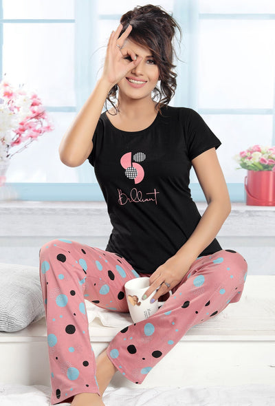 Gudnini Trendy Basic Printed T-Shirt Pyjama Set - Black