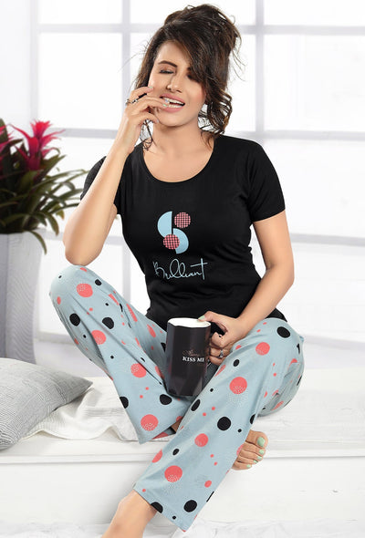Gudnini Trendy Basic Printed T-Shirt Pyjama Set - Black-Peach