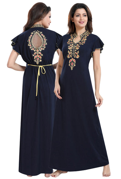 Gudnini-Premium-Hosiery-Cotton-Designer-Embroidered-Long-Nighty-Blue