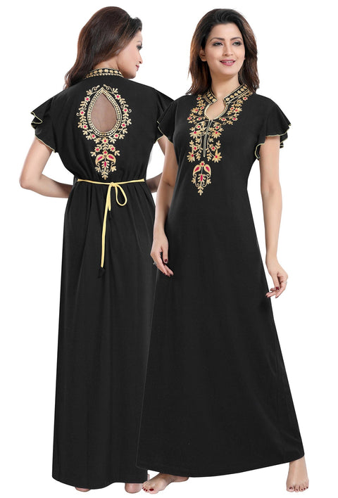 Gudnini-Premium-Hosiery-Cotton-Designer-Embroidered-Long-Nighty-Black