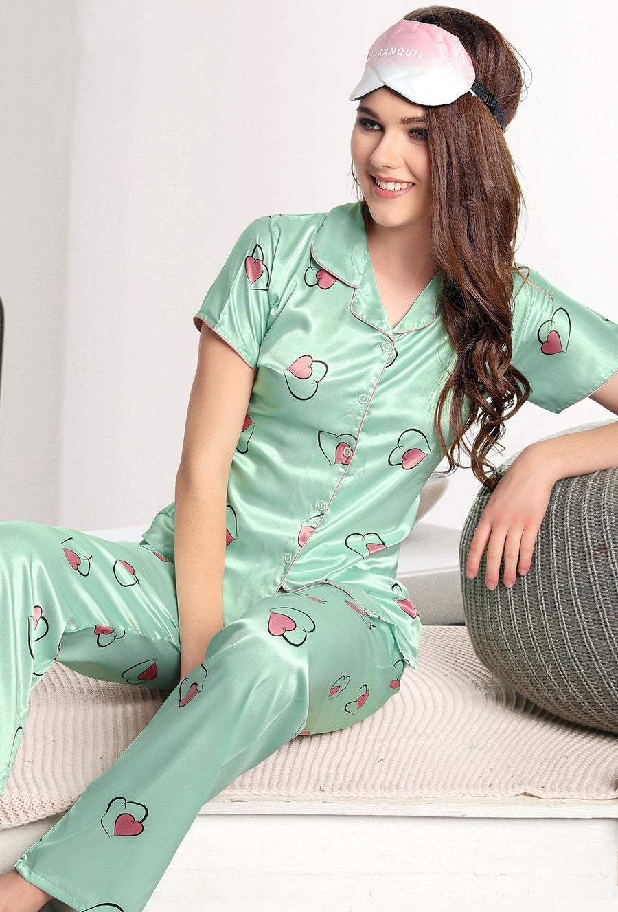 Gudnini-Multicolor-Print-Botton-Me-Up-Front-Open-Shirt-&-Pyjama-Set-Mint-Green
