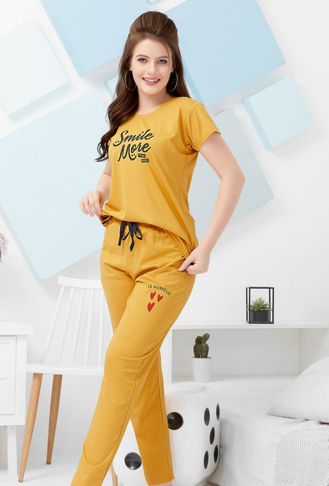 Gudnini Hosiery Cotton Plain T-Shirt Pyjama Set - Mustard