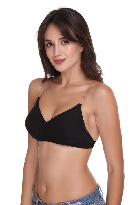 Sona Women Bra , Transparent Strap Bra, M1017, Backless Bra, Non Padded Bra, T-Shirt Bra, Black