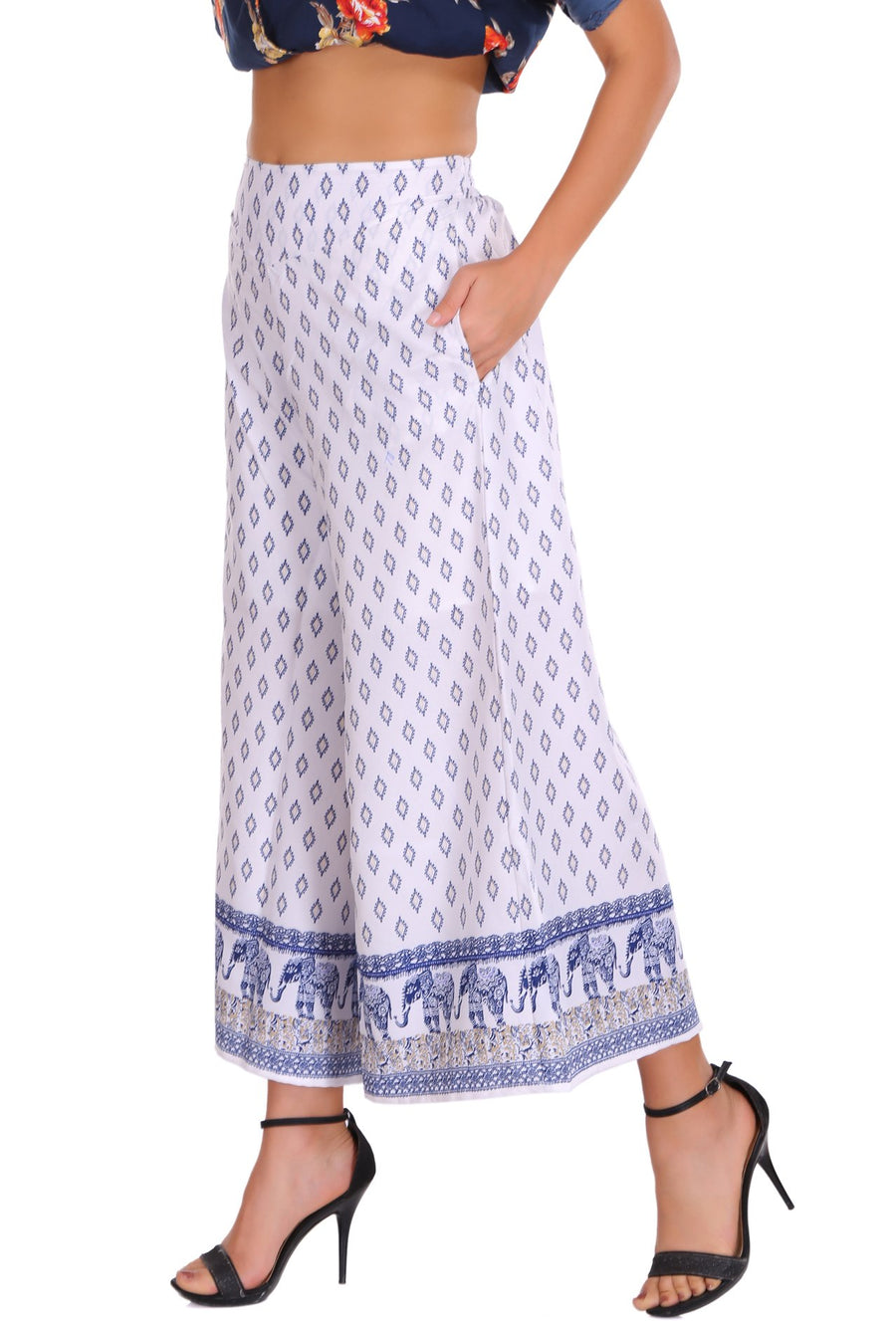 Sona Women PALAZZO, ACTIVEWEAR,LINGERIE,APPAREL, SONAEBUY, Plazzo, Printed Plazzo, WHT-BLU-ANML