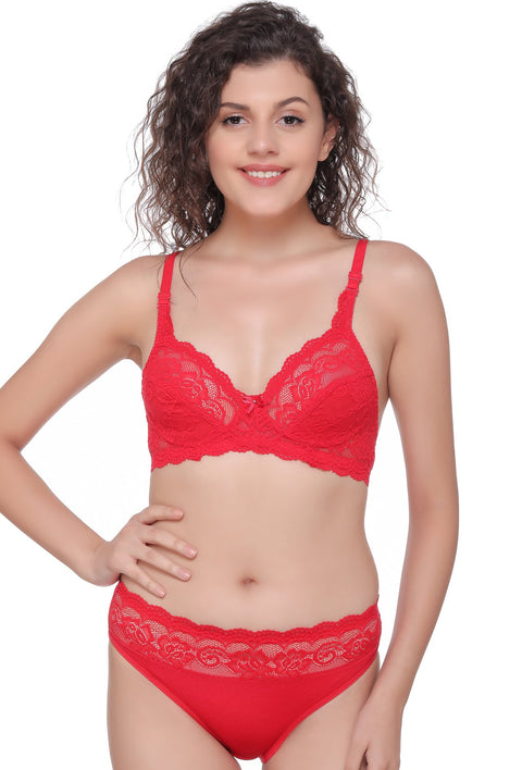 Lace Lightly Padded Non-Wired Full Coverage Bridal Bra in Red