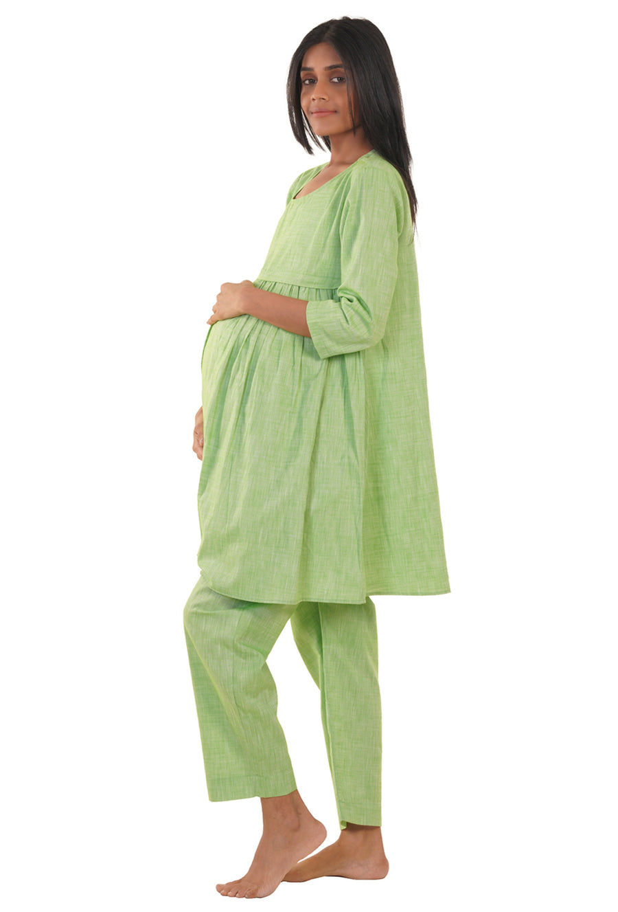 Sona Women Green Maternity Dress in Organic Cotton Fabric Nursing/Feeding Dress