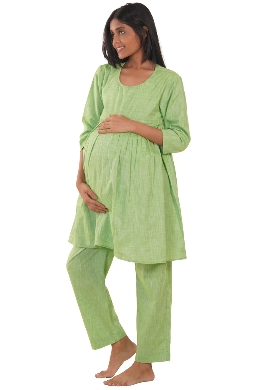 Sona Women Green Maternity Dress in Organic Cotton Fabric Nursing/Feeding Dress